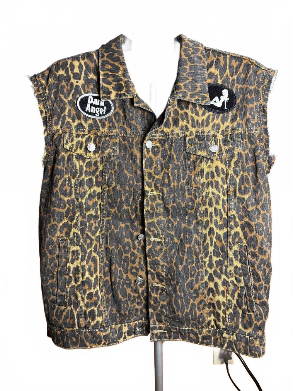 Vintage Y2K Leopard Denim Vest sz L Pin-Up Back Patch custom upcycle